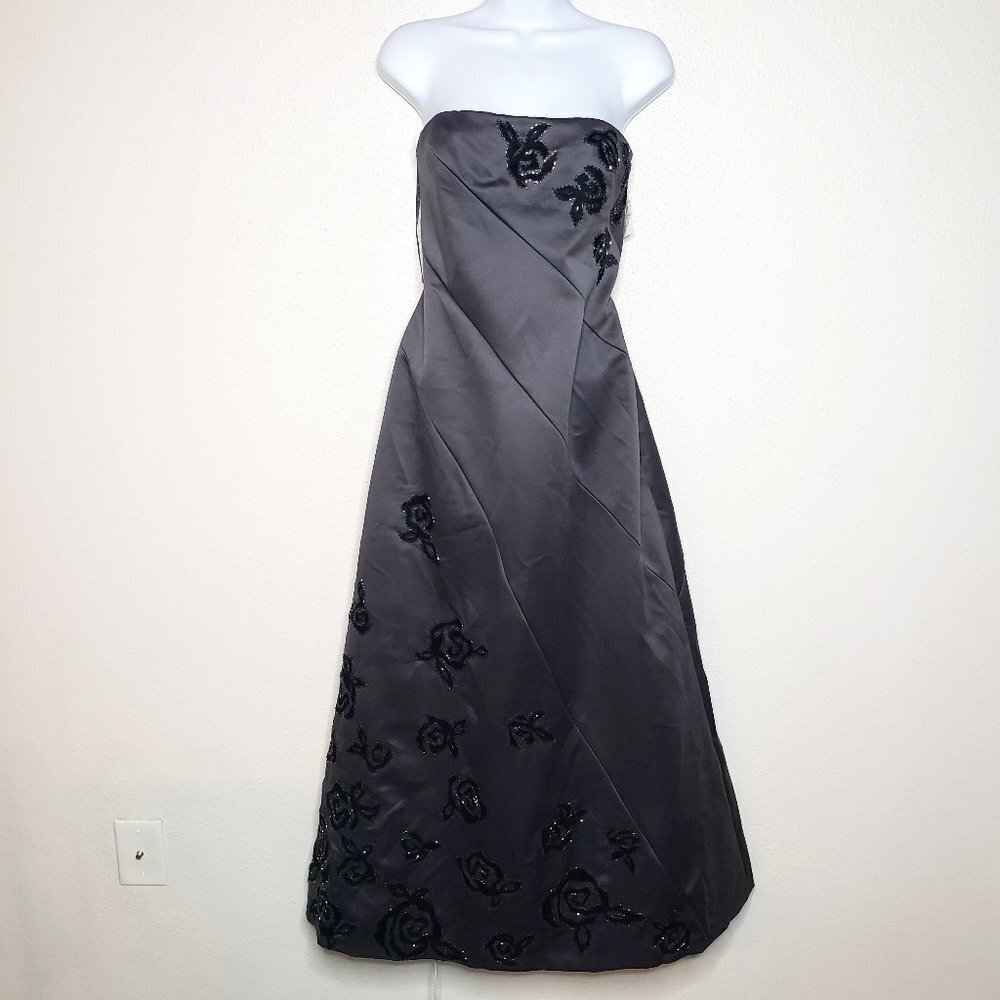 NWT Kay Unger Sz 8 Strapless Satin Velour Rosette Detail PROM/FORMAL DRESS (833)